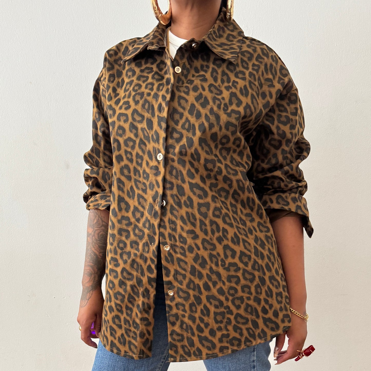 Newly Added: Denim Leopard Print Oversized Shirt
