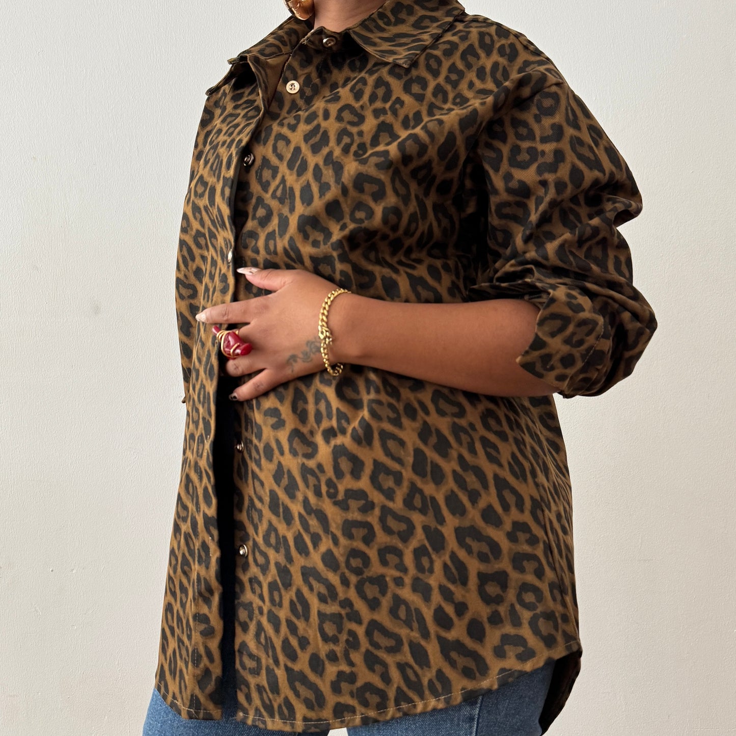 Newly Added: Denim Leopard Print Oversized Shirt