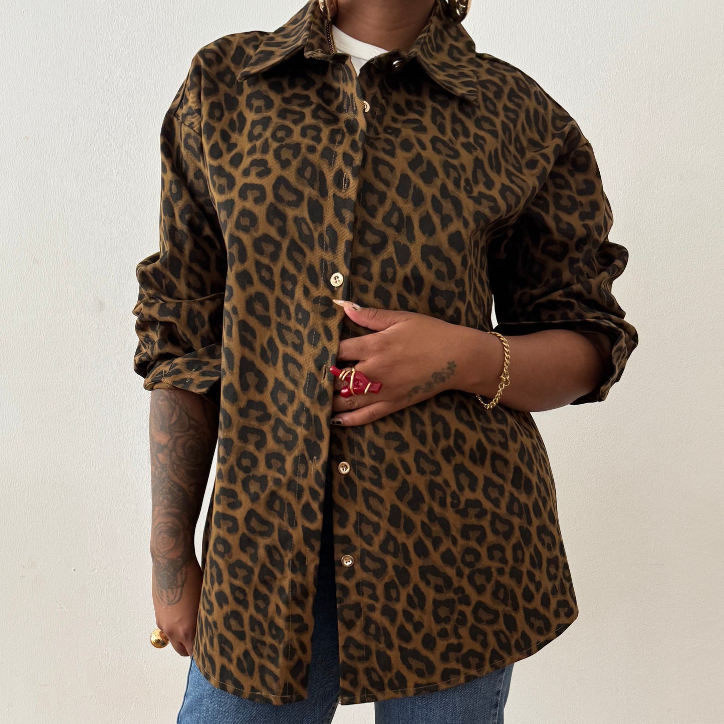 Newly Added: Denim Leopard Print Oversized Shirt