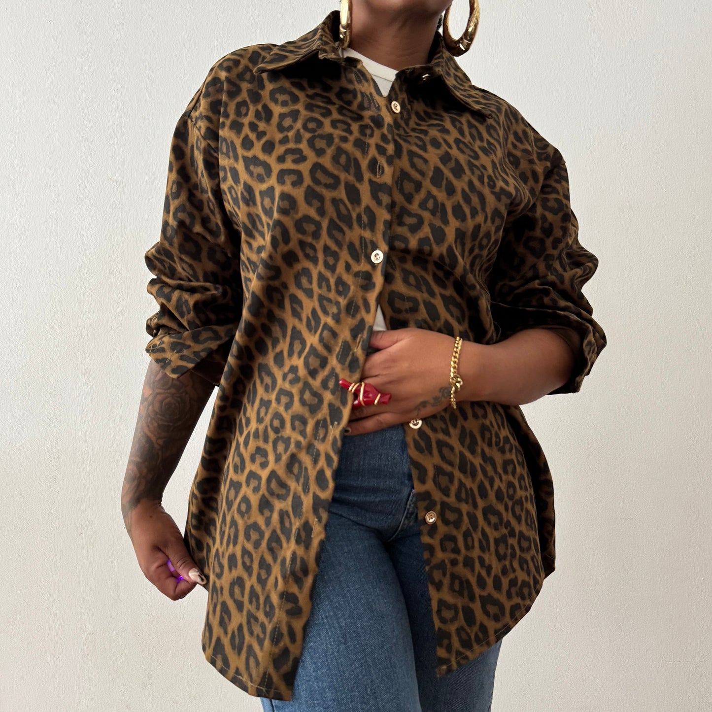 Newly Added: Denim Leopard Print Oversized Shirt