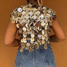 Load image into Gallery viewer, Newly Added: Rabanne x H&amp;M Collab Gold and Silver Disc-Embellished Top