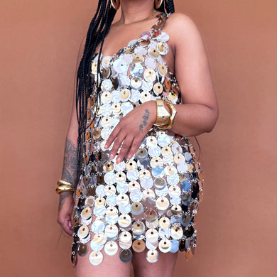 Newly Added: Branded Paco Rabanne H&M Sequin Disc Dress Silver Gold Rare Collab Limited Luxury