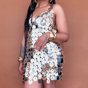 Newly Added: Branded Paco Rabanne H&M Sequin Disc Dress Silver Gold Rare Collab Limited Luxury