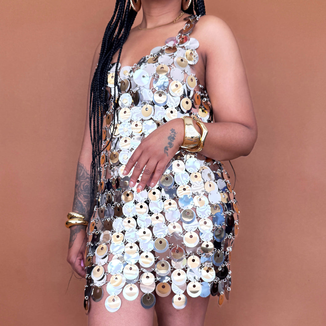 Newly Added: Branded Paco Rabanne H&M Sequin Disc Dress Silver Gold Rare Collab Limited Luxury