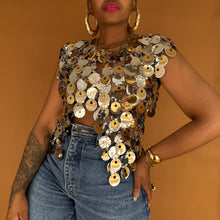 Load image into Gallery viewer, Newly Added: Rabanne x H&amp;M Collab Gold and Silver Disc-Embellished Top