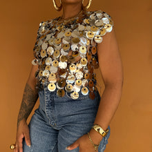 Load image into Gallery viewer, Newly Added: Rabanne x H&amp;M Collab Gold and Silver Disc-Embellished Top