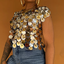 Load image into Gallery viewer, Newly Added: Rabanne x H&amp;M Collab Gold and Silver Disc-Embellished Top